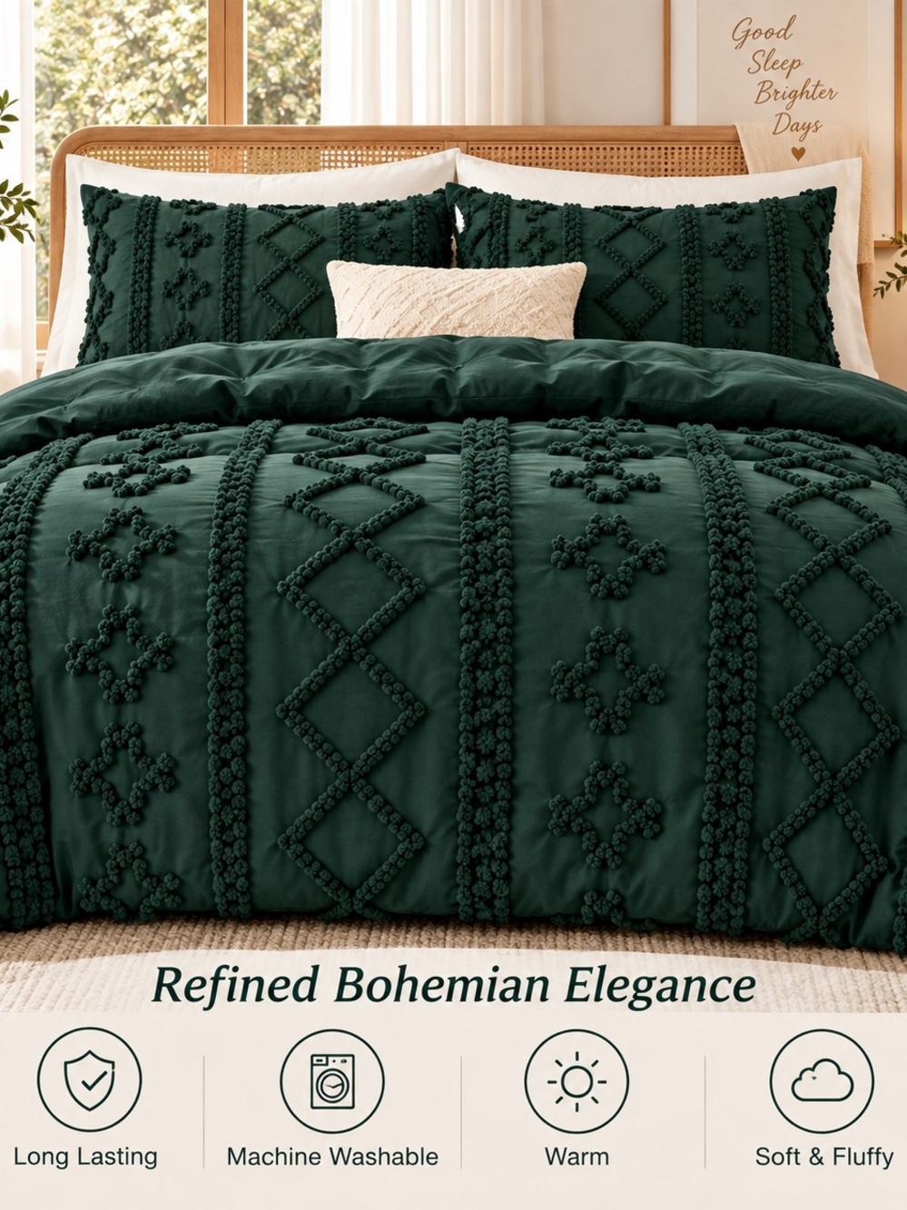 Textured Bohemian Comforter Set in Deep Forest Green